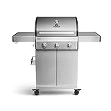 BURNHARD 3-Brenner Gasgrill FRED Basic, Edelstahl Grillwagen mit Seitentisch, Gusseisen-Grillrost, Deckel-Thermometer, Piezozündung inkl. Abdeckhaube