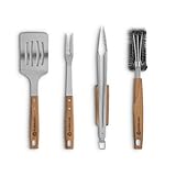BURNHARD Grillbesteck-Set 4-TLG. 45 cm, Akazienholz Edelstahl, Grillzubehör mit Grillzange, Grillwender, Fleischgabel und Grillbürste mit extra-Langen Holzgriffen und Aufhänge-Ösen