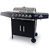 CCLIFE 4+1/6+1 Brenner Gasgrill Mit 1 Seitenbrenner, BBQ Gasgrill mit Deckel, Fettauffangschale, Thermometer, Druckminderer, Schwarz, Color:6+1 Gasgrill