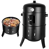 Smoker, Räucherofen, BBQ Räuchertonne, Holzkohlegrill 3in1,Ø44,5*80 cm, inkl. Wasserschale, 2 Grillrost（φ 37,5 cm）, regulierbar Luftabzug und Thermometer,zum Räuchern, Grillen und Garen