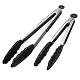 iNeibo Grillzange Küchenzange Zange Küche aus Rostfreim Edelstahl und Silikon Fleischzange Kochzange mit Hitzebeständigem Silikongriff 2er Set 30cm und 23cm Schwarz
