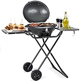 KESSER® elektrischer Elektrogrill 2in1 Tischgrill - Standgrill mit Deckel und Standfuß | max. 2400 Watt | Faltbar | Thermometer | Antihaftbeschichtung | Grillplatte Abstelltische | 2 Räder | Schwarz