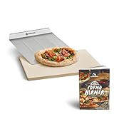 BURNHARD Pizzastein und Pizzaschaufel für Backofen, Gasgrill & Holzkohlegrill aus Cordierit und Edelstahl für Brot, Flammkuchen & Pizza, rechteckig - 38 x 30 x 1,5 cm
