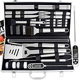 ROMANTICIST 28pcs Grill Set für Männer Geschenk - Grillkoffer mit Grillmatte für Männer - Komplette Grillset Edelstahl Grillbesteck mit Aluminium Aufbewahrungskoffer für Männer Papa Frauen