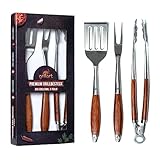 grillart® Premium Grillbesteck Set, 3-teilig aus hochwertigem Edelstahl und edlen Holzgriffen – Grillzange, Grillwender und Grillgabel mit extra langem Griff – das ideale Grillzubehör