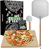 Pizzastein für Backofen & Gasgrill - 30 x 38 x 1,5 cm - Set zum Backen inkl. Pizzaschieber Pizzaschneider - Pizza Stein Rechteckig aus Cordierit - Pizza Stone für Steinofen & Ofen & Grill geeignet